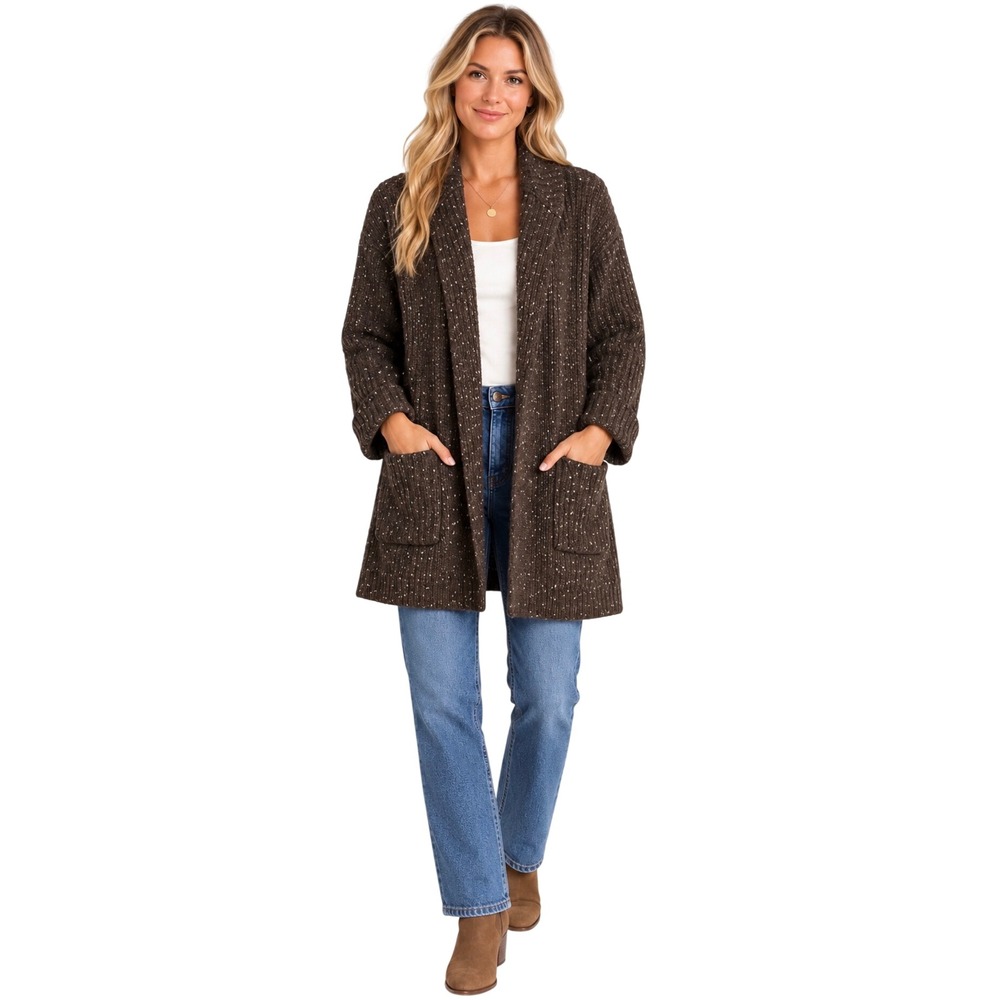 J. Jill Brown Flecked Lambswool Blend Open Front Cardigan Sweater Coat Size M